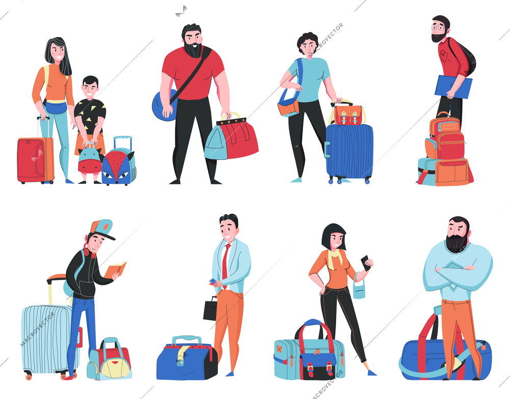 Travel bags set with tourism and trips symbols flat isolated vector illustration