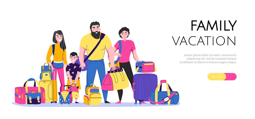 Family vacation horizontal banner with travel bags types flat vector illustration