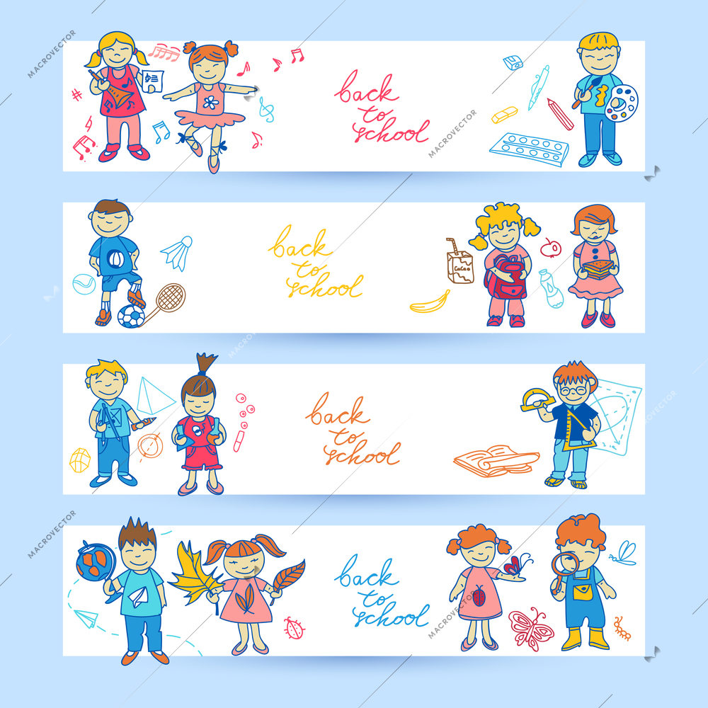 Set of banners with  doodle cute study school education girls and boys in color vector illustration