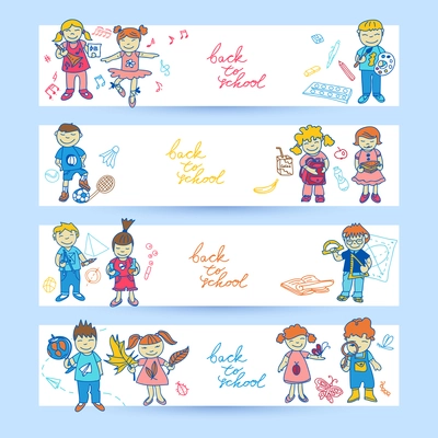 Set of banners with  doodle cute study school education girls and boys in color vector illustration