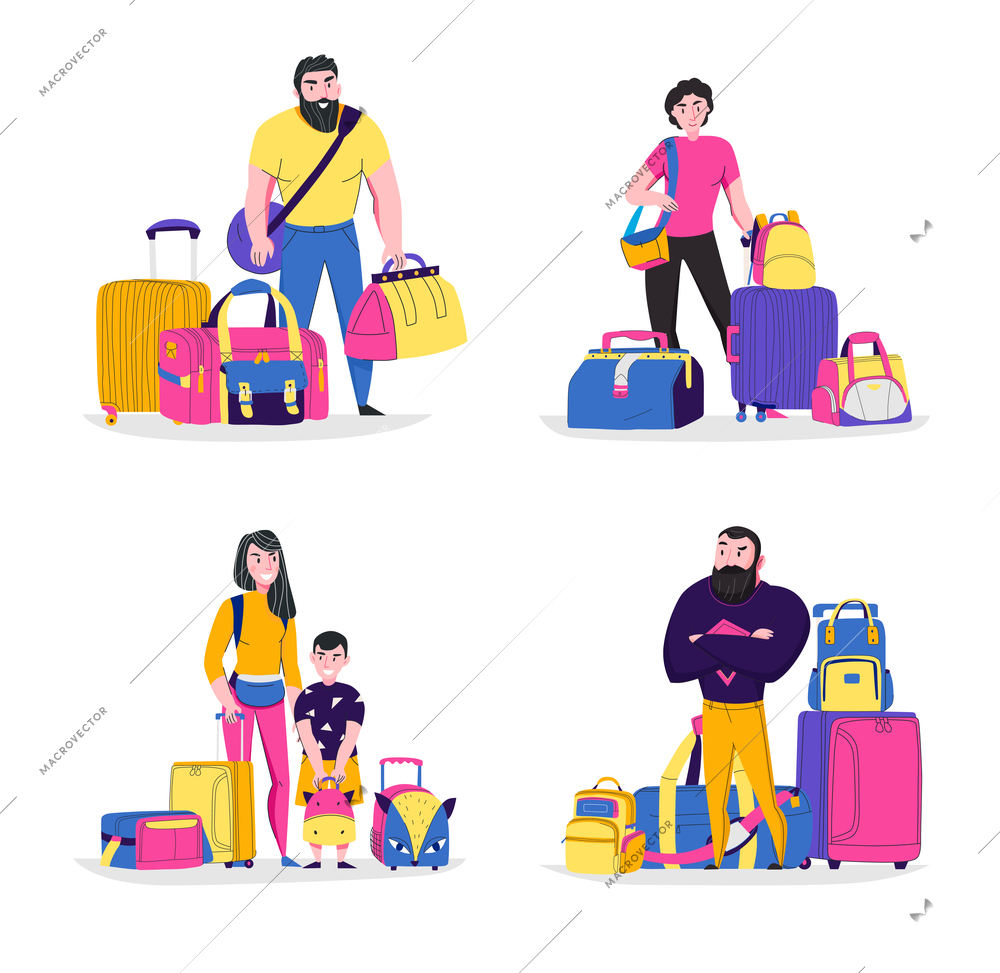 Travel bags concept icons set with tourism symbols flat isolated vector illustration