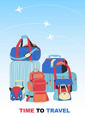 Travel bags background with time to travel symbols flat vector illustration
