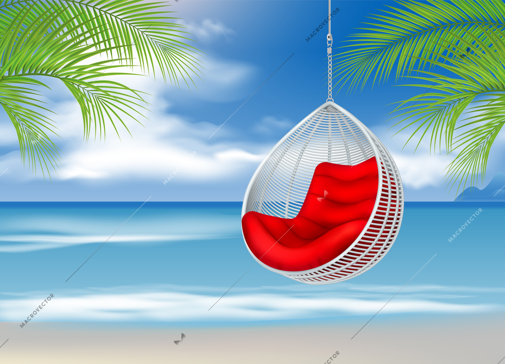 Wicker hanging swing chair on beach composition with outdoor tropical landscape palm leaves sea and lounge vector illustration