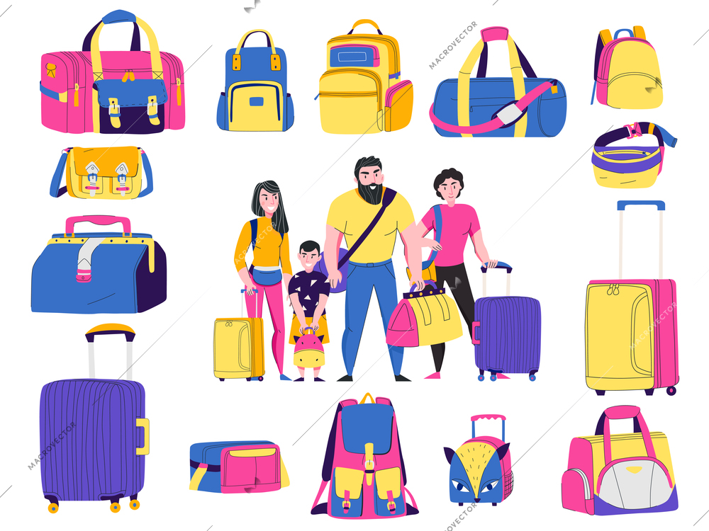 Travel bags types set with tourism and vacation symbols flat isolated vector illustration