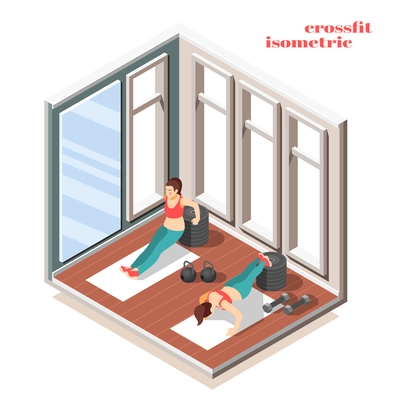 Push and pull ups effective combination with hand weights dumbbell women exercises workout isometric composition vector illustration