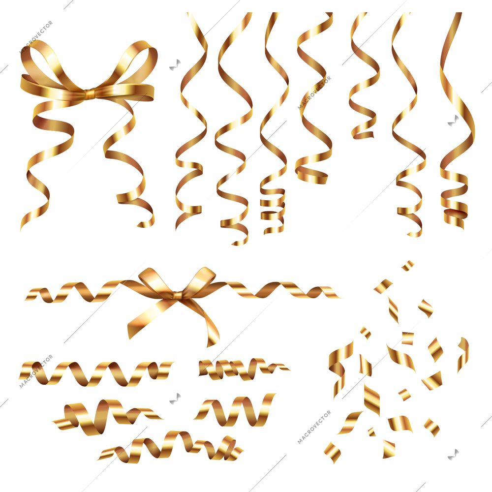 Golden curled ribbons serpentine realistic set with isolated images of festive decorations on blank background vector illustration