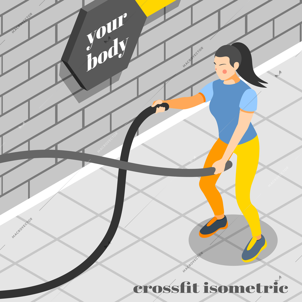 Functional fitness body shaping training isometric composition with firefighter fire hose fit workout woman exercises vector illustration