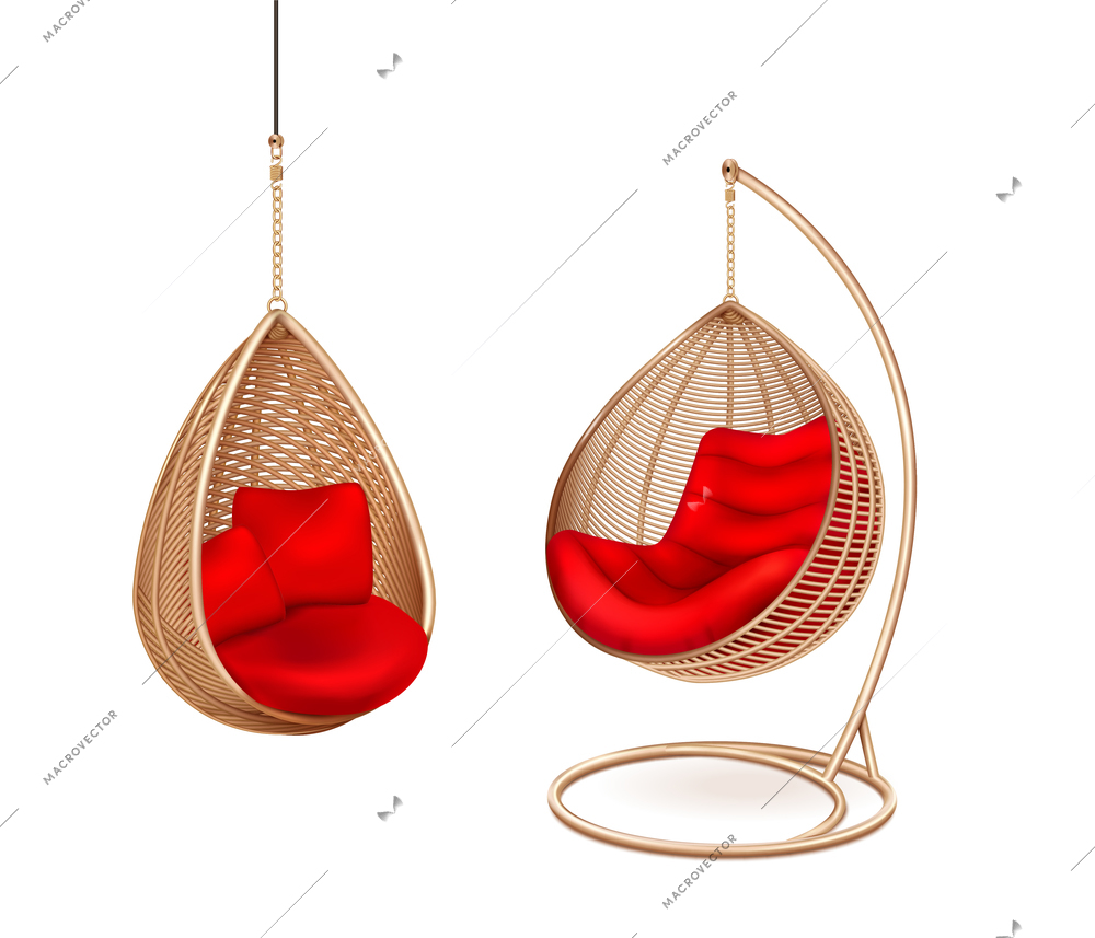 Wicker hanging swing chairs set with two isolated images of modern lounge with soft pillows vector illustration