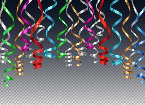 Hanging curled ribbons serpentine background realistic composition on transparent background with colourful images of festive ribbons vector illustration