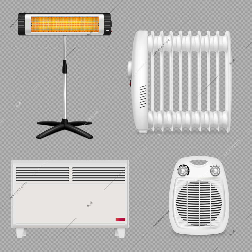 Heaters realistic set of isolated heater images on transparent background with different models and generations vector illustration