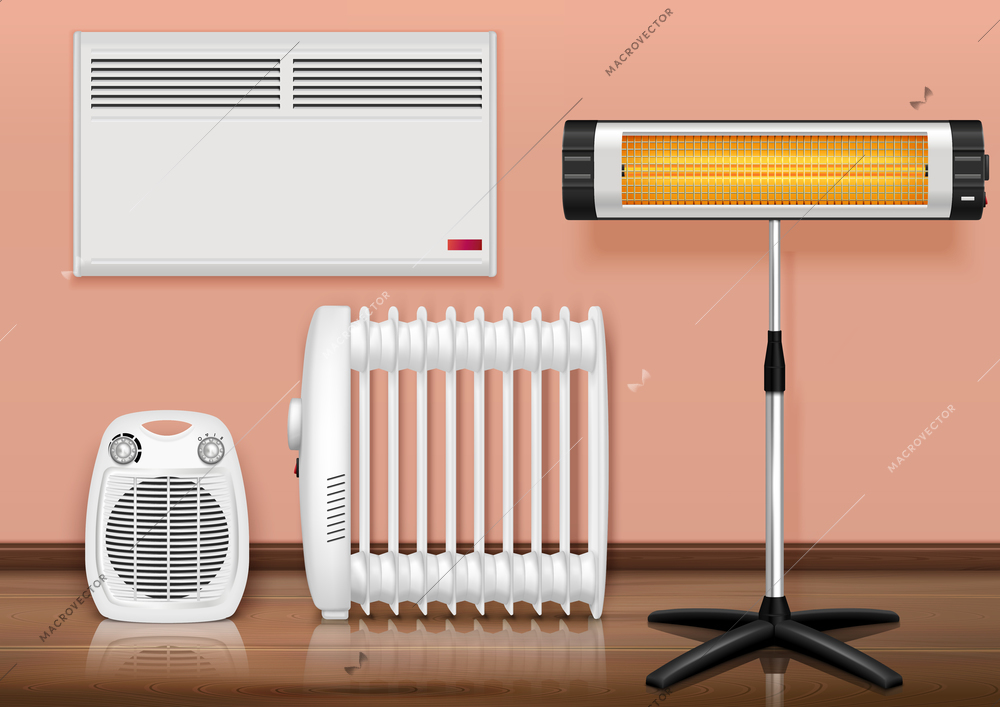 Heaters interior realistic composition with set of different heaters in domestic environment with floor and walls vector illustration