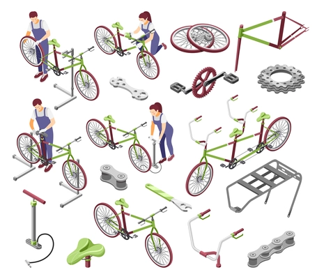 Bicycle repair service spare parts accessories isometric set with repairman cogs chain handlebar saddle isolated vector illustration