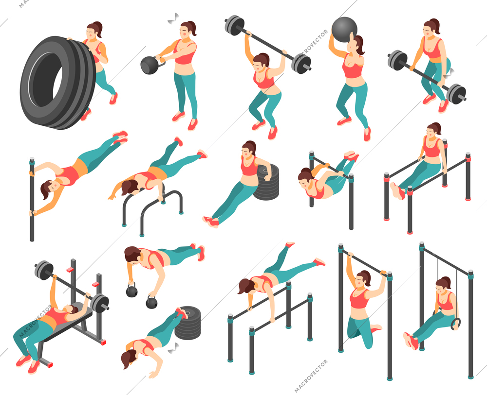 Crossfit workout isometric icons set with woman exercising with barbells tyre horizontal bars 3d isolated on white background vector illustration
