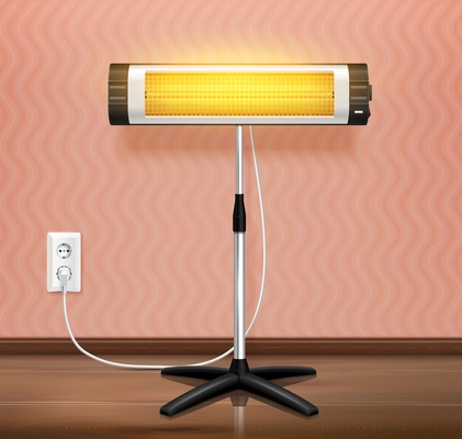 Infrared heater waves realistic composition with indoor view and heater mounted on floor stand with plug vector illustration