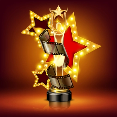 Cinema award realistic composition with film figurine and glowing star on stage with lights and shadows vector illustration