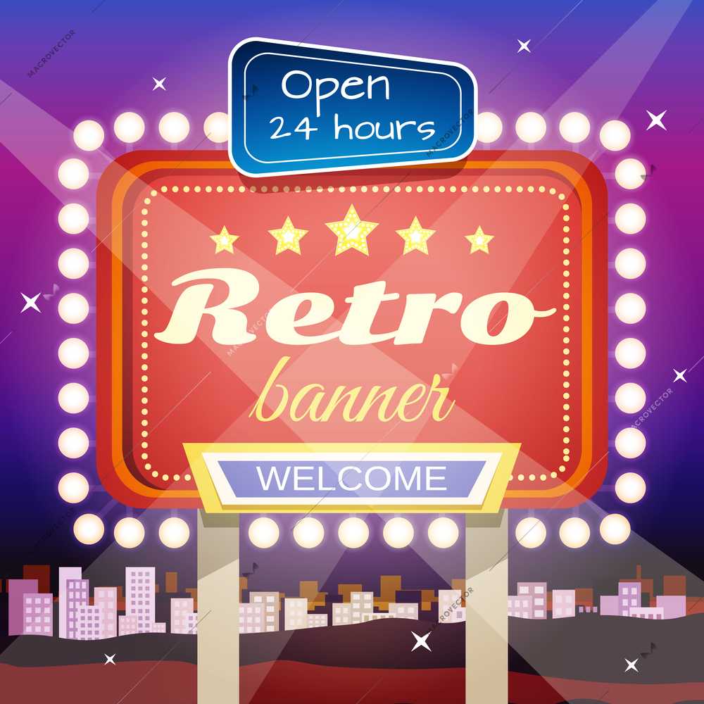 Retro welcome 24 hours open club advertisement on night city skyline illuminated poster placard design abstract vector illustration