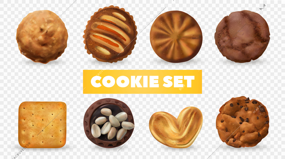Realistic cookies transparent set with caramel and chocolate isolated vector illustration