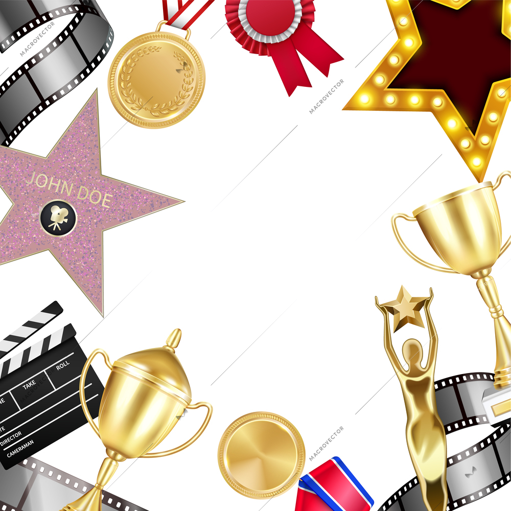 Award medal frame composition with realistic images of prizes surrounding empty space on blank background vector illustration