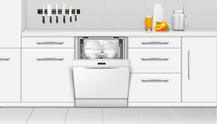 Dishwasher machine kitchen interior realistic composition with indoor scenery furniture kitchenware and dishwashing machine with opened lid vector illustration