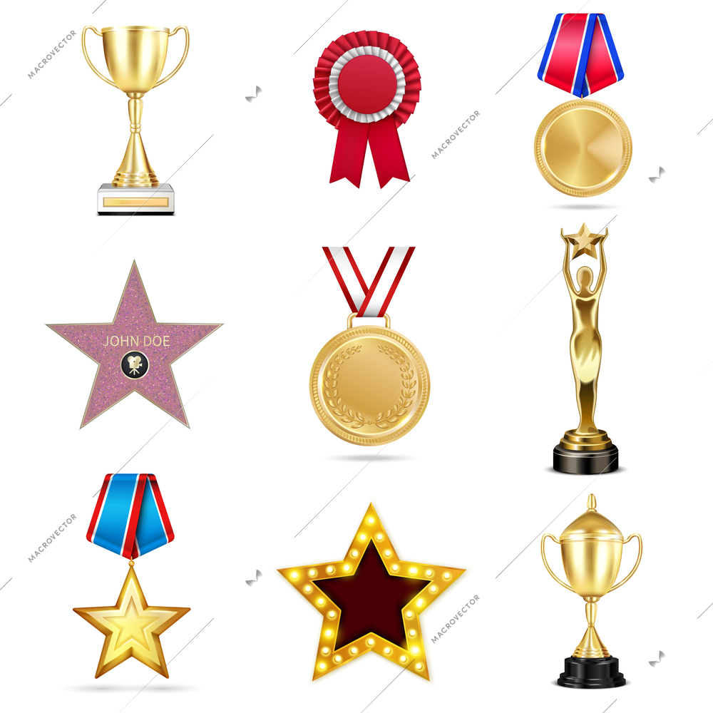 Set with eight big isolated realistic images of awards and medals with shadows on blank background vector illustration