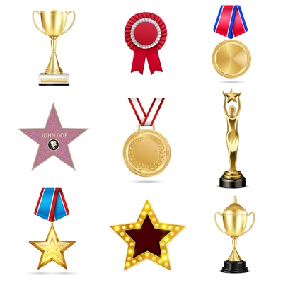 Set with eight big isolated realistic images of awards and medals with shadows on blank background vector illustration