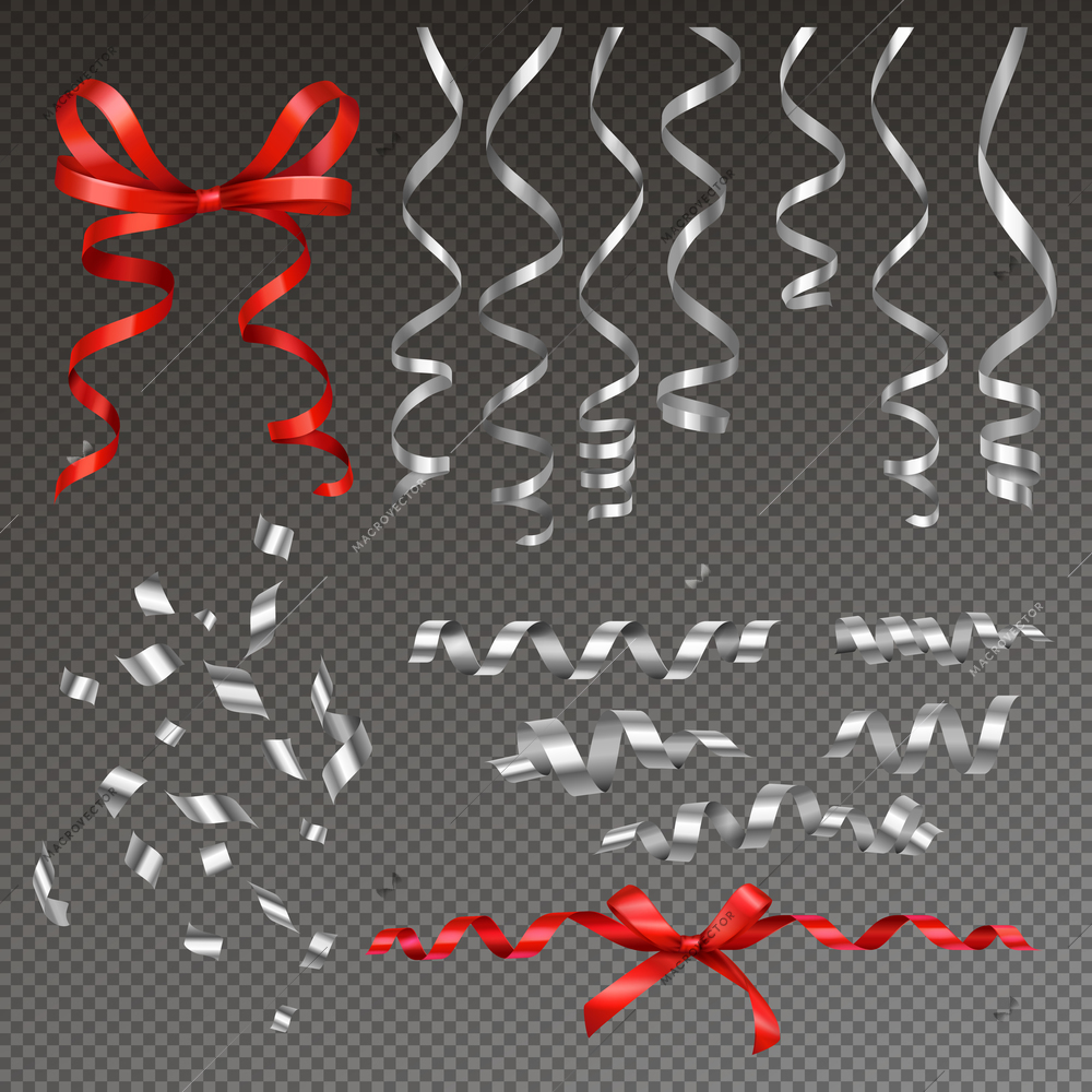 Silver curled ribbons of serpentine realistic set with red and white ribbon images on transparent background vector illustration