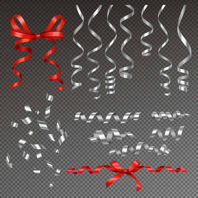 Silver curled ribbons of serpentine realistic set with red and white ribbon images on transparent background vector illustration