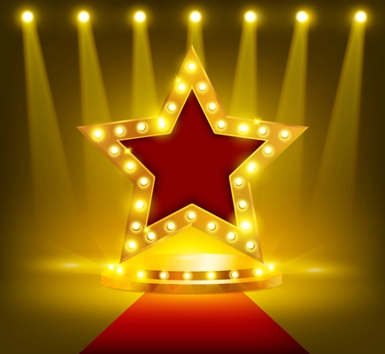 Star on podium realistic composition with view of luxury stage with illuminating star and spot lights vector illustration