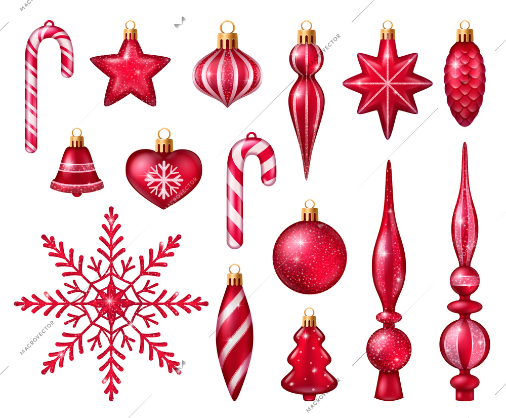 Realistic set of glowing red and white toys for decorating christmas tree isolated on white background vector illustration