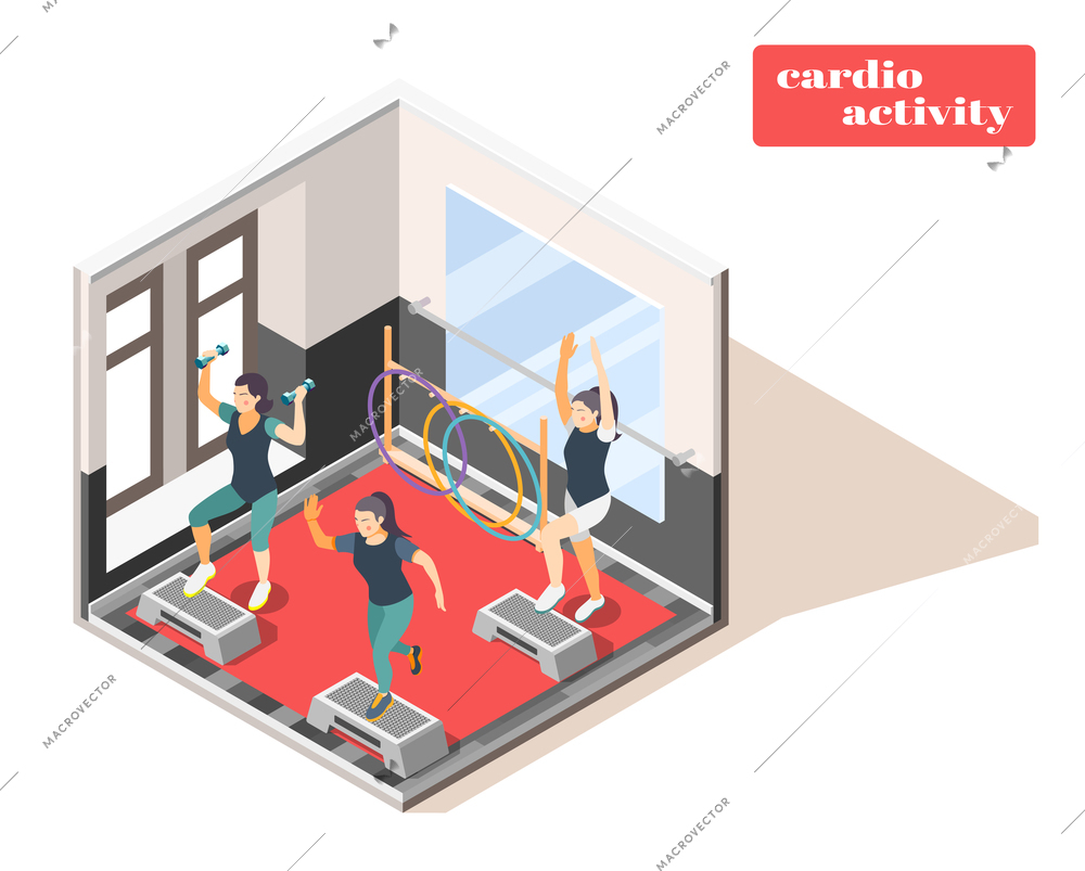 Workout fitness center facility interior isometric composition with cardio activity and hand weights indoor exercising vector illustration