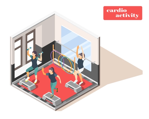 Workout fitness center facility interior isometric composition with cardio activity and hand weights indoor exercising vector illustration