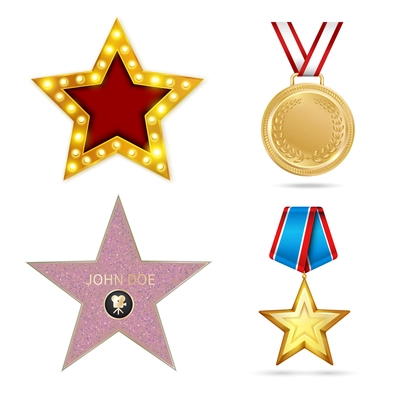 Award metal realistic set with four isolated colourful images of star shaped prizes with shadows vector illustration