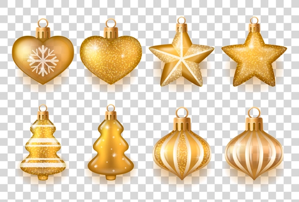 Realistic golden and white christmas tree toys of different shape set on transparent background isolated vector illustration