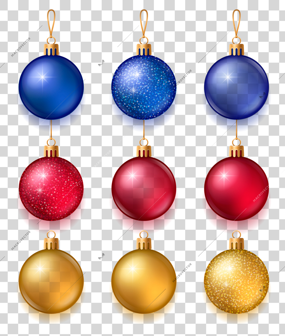 Realistic set of sparkling blue red and golden christmas tree balls isolated on transparent background vector illustration