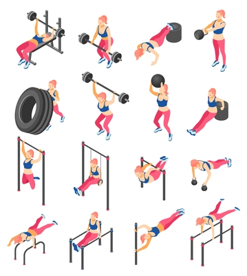 Intensive functional fitness training isometric icons set with back squat weight lifting bar exercises isolated vector illustration