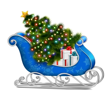 Santa sleigh with christmas tree realistic composition with isolated image of blue sleigh with gift boxes vector illustration