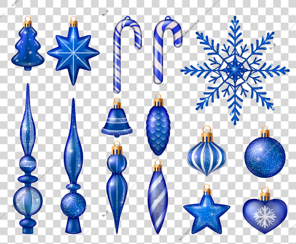 Set of blue and white toys for christmas tree decoration on transparent background realistic isolated vector illustration