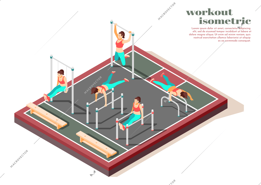 Horizontal parallel bars pull ups and gymnastics rings total body workout for women isometric composition vector illustration