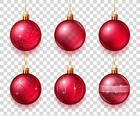 Glowing red balls with different patterns for christmas tree isolated on transparent background vector illustration