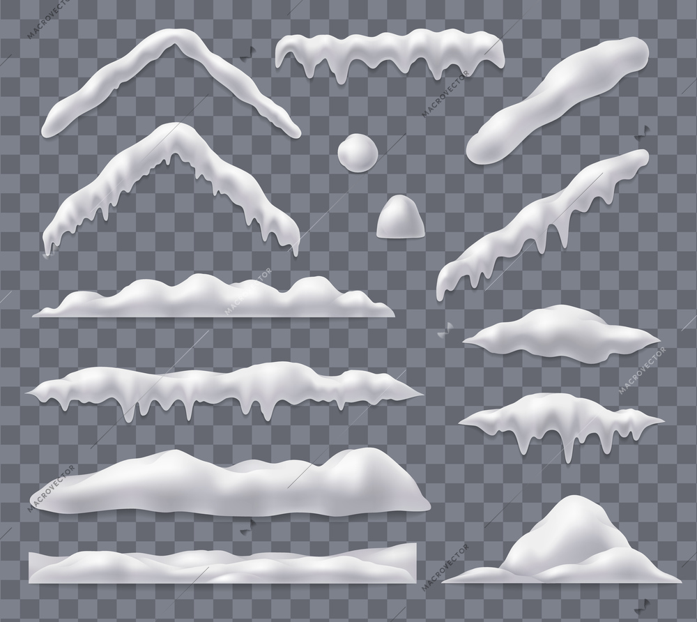 Realistic set of snowdrifts balls and caps isolated on transparent background vector illustration