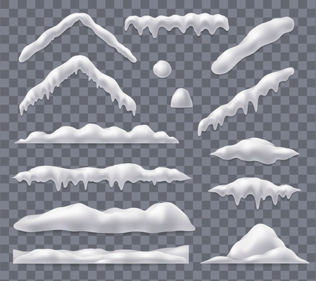 Realistic set of snowdrifts balls and caps isolated on transparent background vector illustration
