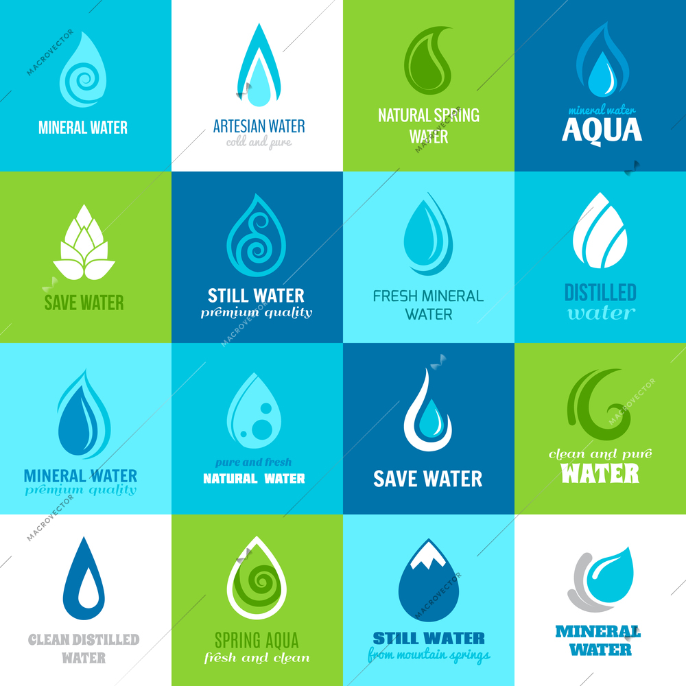 Set of water design clean nature aquadrops in blue and green color with text vector illustration
