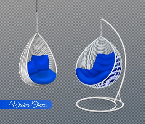 White wicker hanging swing chairs realistic composition on transparent background with modern furniture and editable text vector illustration