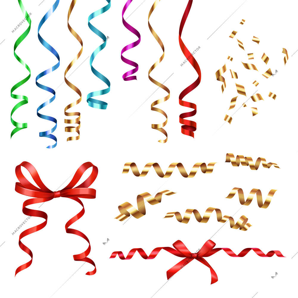 Curled ribbons serpentine realistic collection with isolated images of festive ribbons of different shape and colour vector illustration