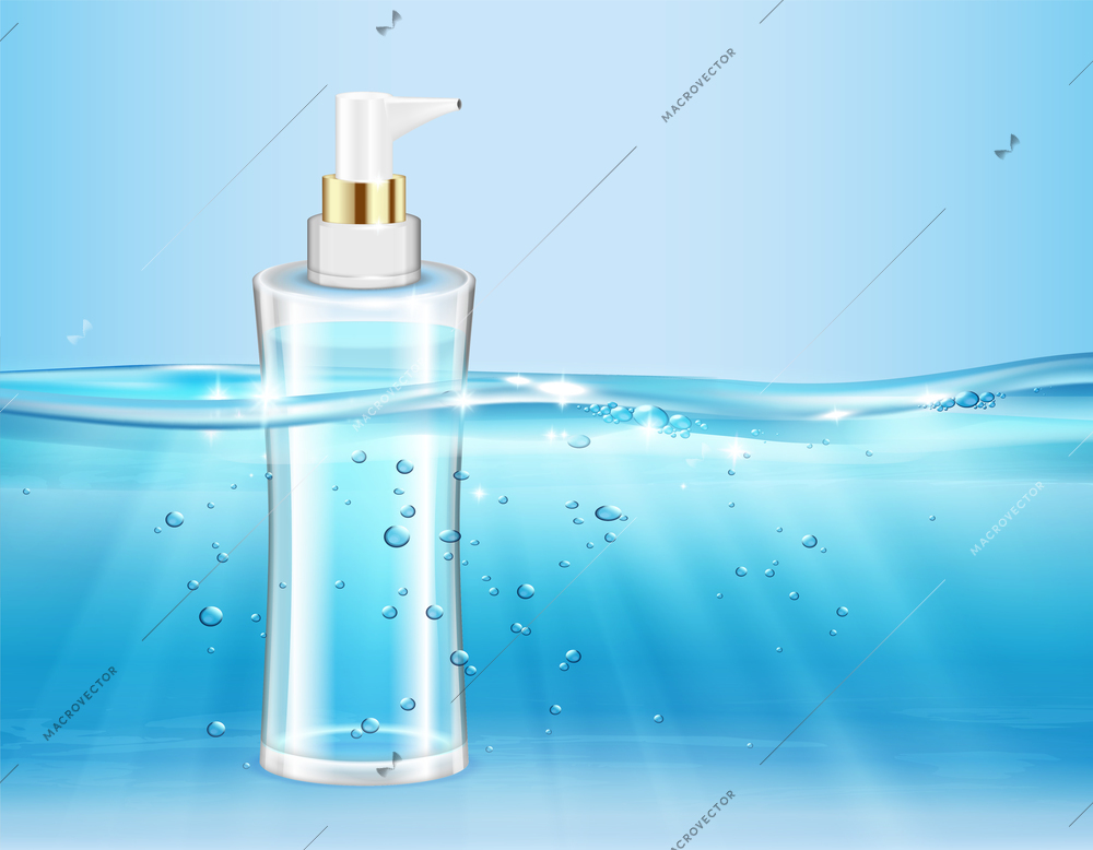 Underwater wave cosmetics moisturizing realistic composition with water logged transparent flask of cosmetic product with dispenser vector illustration