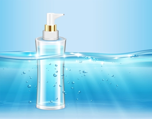 Underwater wave cosmetics moisturizing realistic composition with water logged transparent flask of cosmetic product with dispenser vector illustration