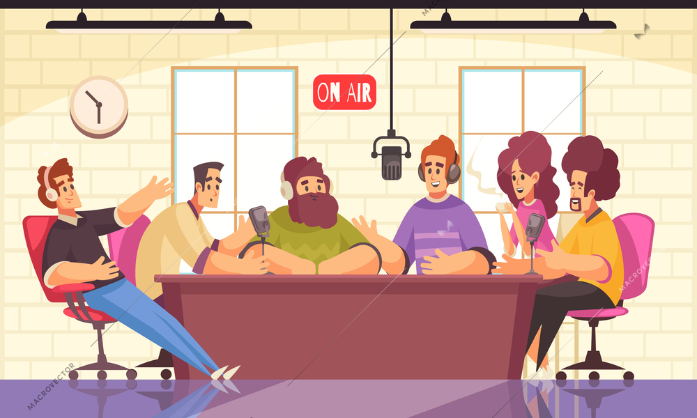 Radio studio interior with people talking symbols flat vector illustration