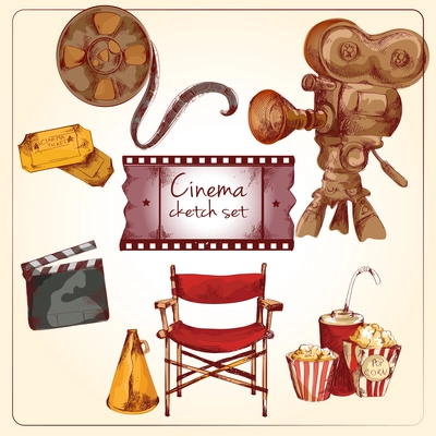 Cinema entertainment media hand drawn elements of film reel director chair camera isolated vector illustration