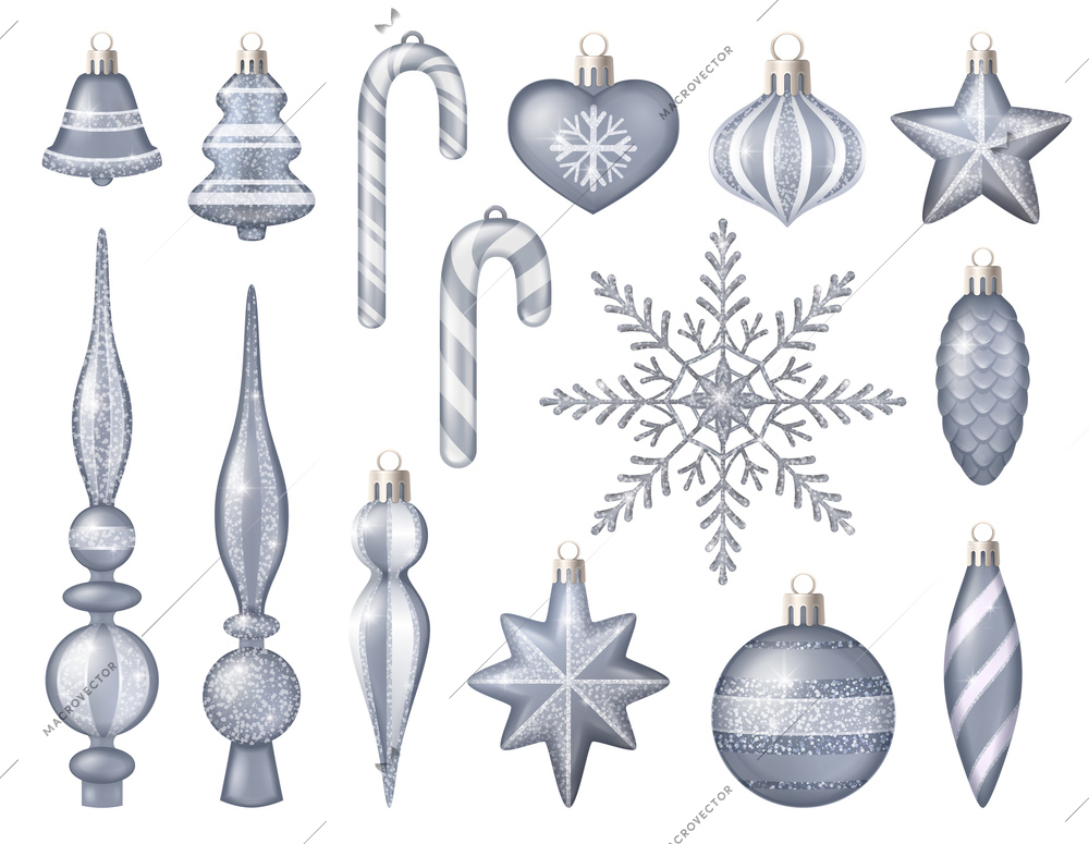 Glittering silver christmas tree toys set with bell star bauble snowflake heart cone isolated on white background realistic vector illustration