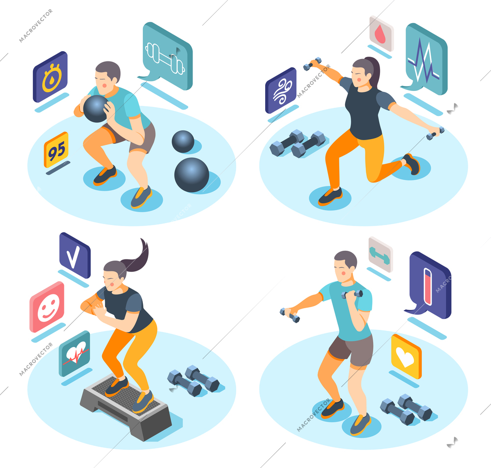 Cardio activity isometric concept with strength training ball exercises fitness weights lifting sport apps symbols vector illustration